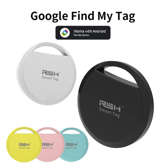 Rastreador GPS Bluetooth original de la marca RSH para teléfonos Android. Funciona con la aplicación Google Find My. Buscador de llaves para mascotas para Xiaomi y Samsung Pixel.