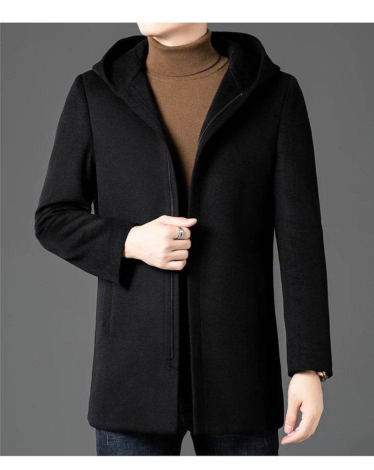 Abrigo largo de lana para hombre COMXZ, colección invierno 2025, gabardina de cachemir de diseño, chaqueta con capucha y forro de plumón de pato blanco, abrigo de lana de lujo