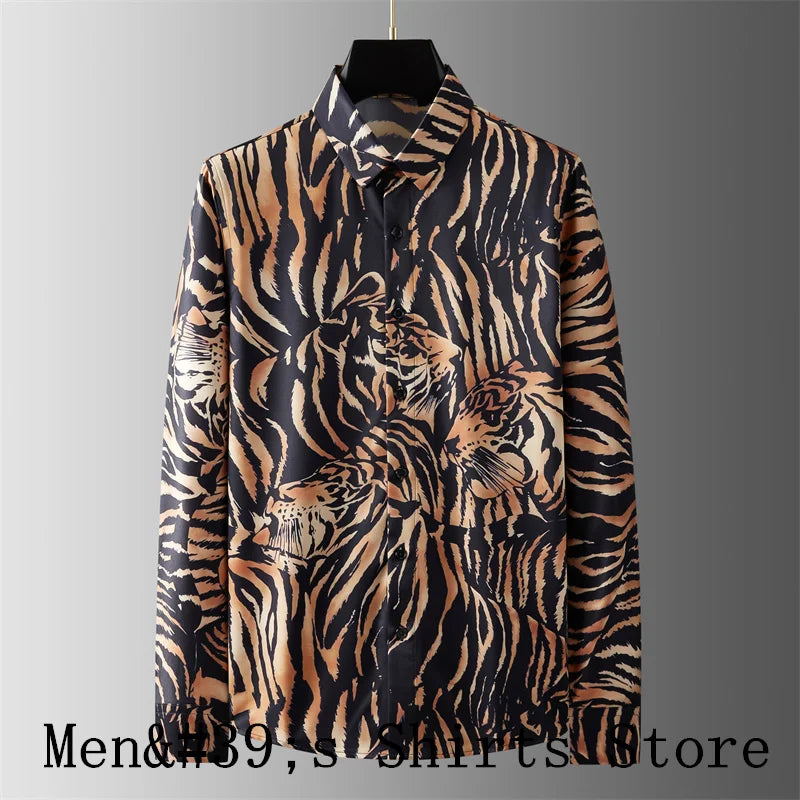 Camisa clásica estampada de manga larga con solapa (2024). Tejido elástico, transpirable, suave y cómodo.