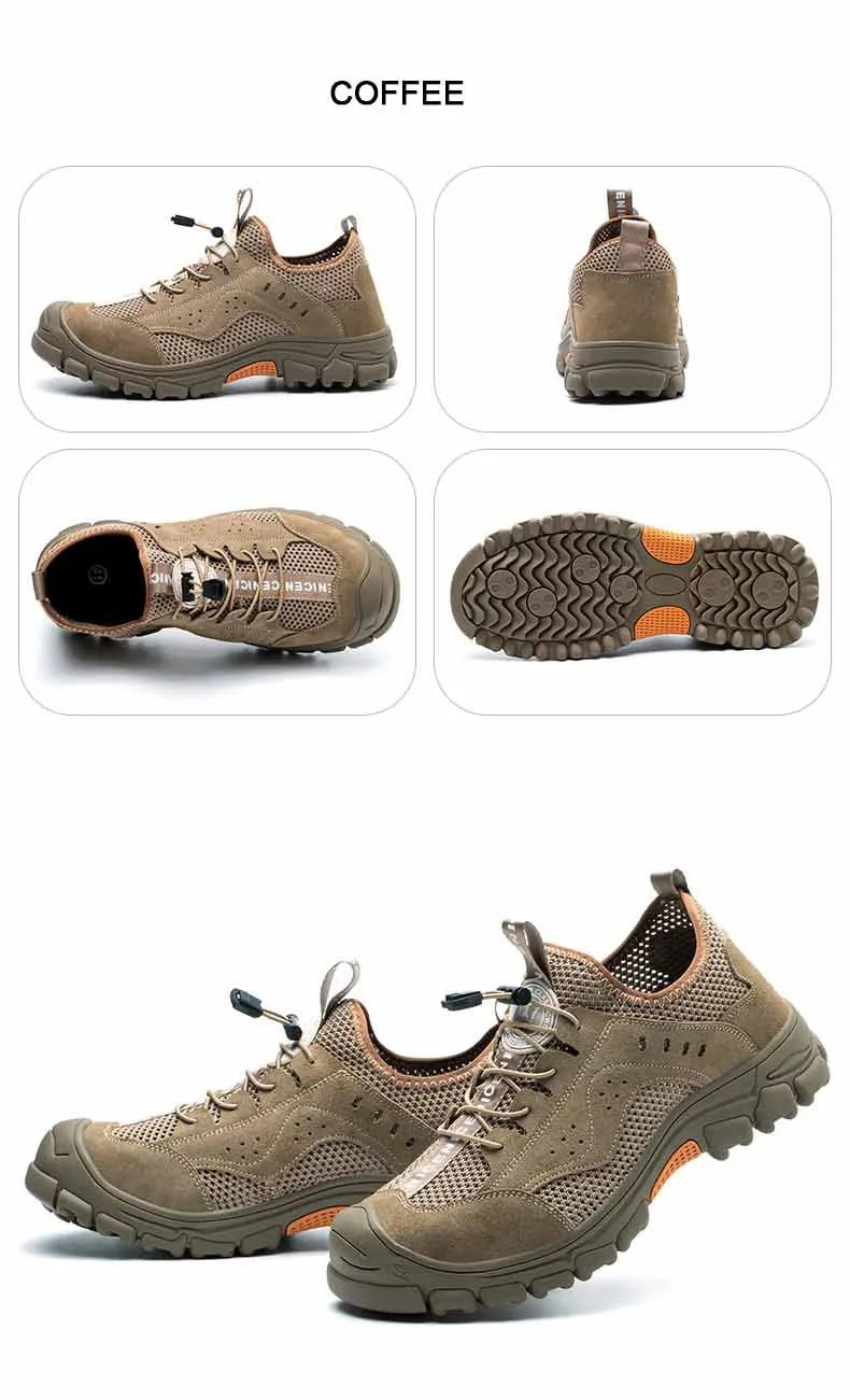 Zapatos de seguridad de piel de vaca, transpirables, para hombre, con puntera de acero, resistentes a impactos, botas de trabajo, indestructibles, zapatillas de trabajo modernas.