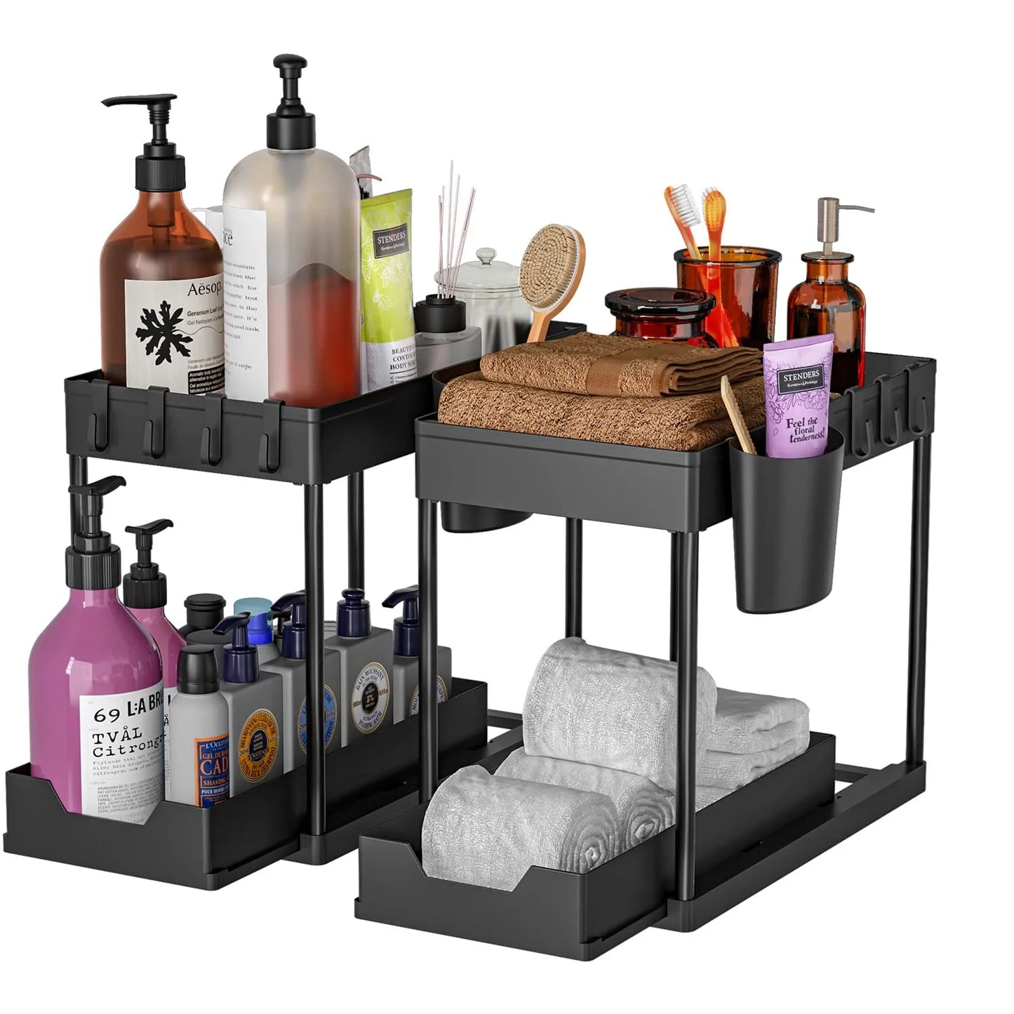 Organizador y almacenamiento debajo del fregadero, estante organizador de cocina con cajones deslizantes dobles, estante de almacenamiento multiusos