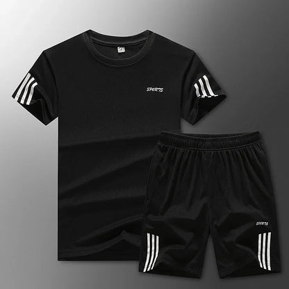 Conjunto de ropa deportiva de verano para hombre, camiseta y pantalones cortos de secado rápido, ropa deportiva para exteriores, talla grande, ligera, de producción china.