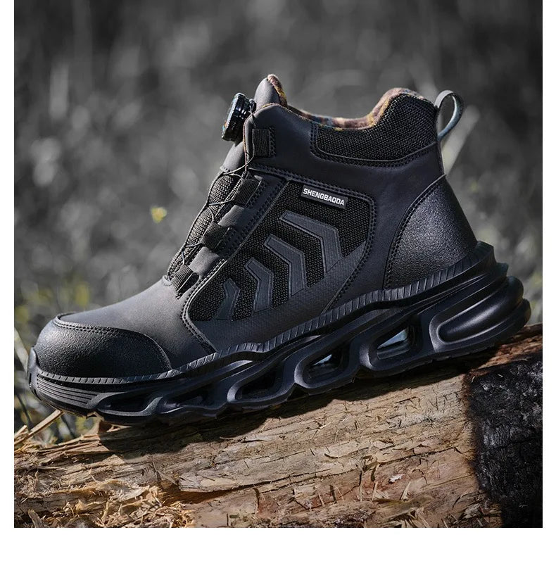 Zapatos de seguridad para hombre, de caña alta, universales para las cuatro estaciones, con hebilla giratoria antideslizante, puntera de acero, antiaplastamiento y antiperforación.