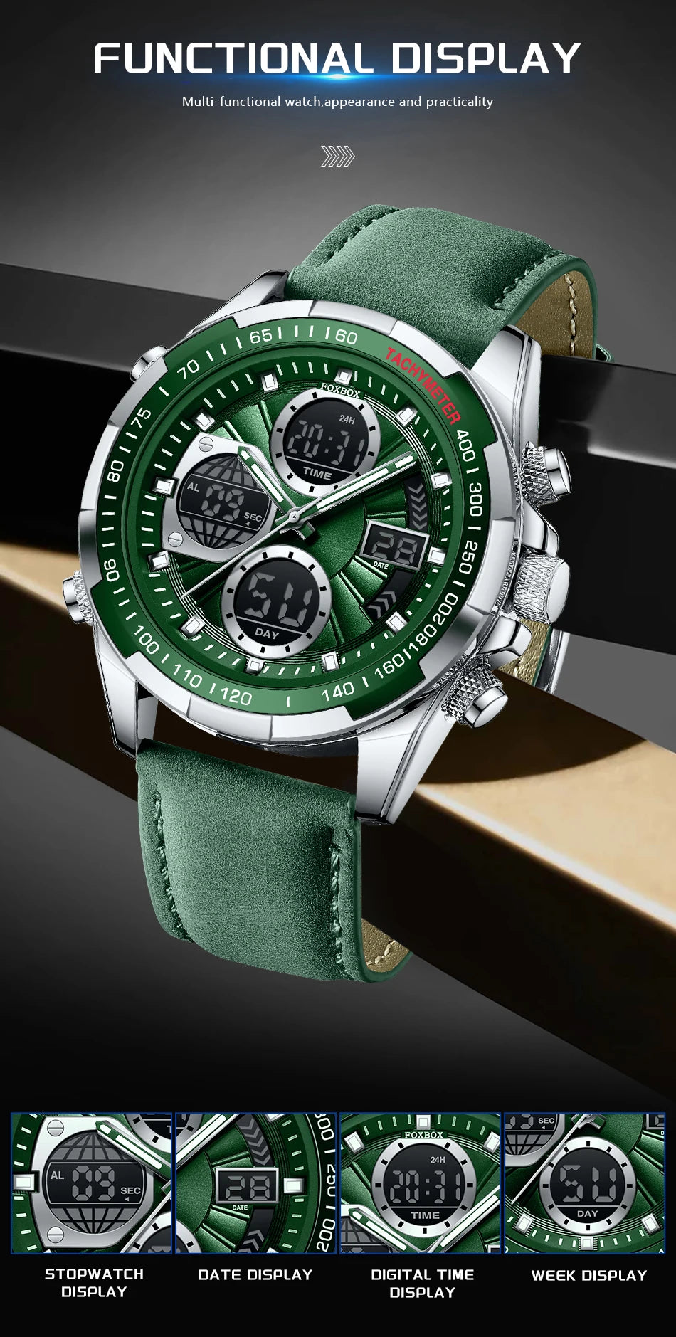 FOXBOX - Reloj de lujo para hombre, de marca superior, con alarma LED, de cuarzo, de cuero, resistente al agua, luminoso