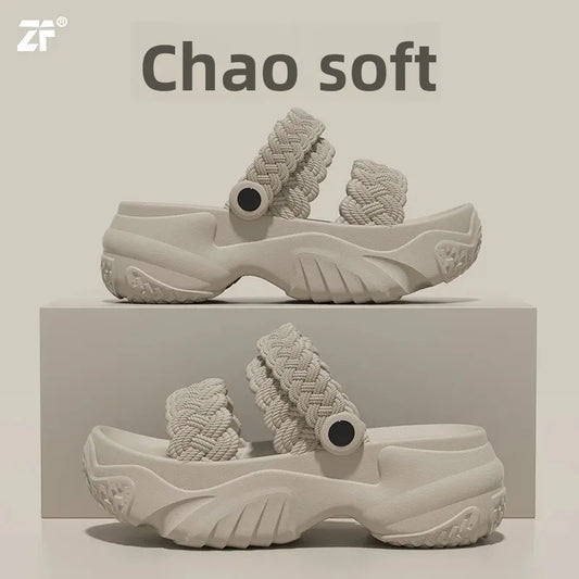 Sandalias casuales de playa para mujer, verano 2025, nuevo estilo, EVA, suela gruesa, con realce, para uso en exteriores, zapatillas antideslizantes, zapatos sin cordones