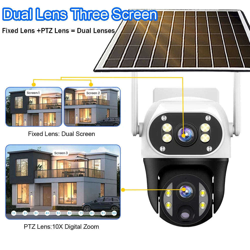 Cámara solar con tarjeta SIM 4G, lente dual de 12 MP, resistente al agua, para exteriores, CCTV, protección de seguridad V380 Pro, batería integrada.