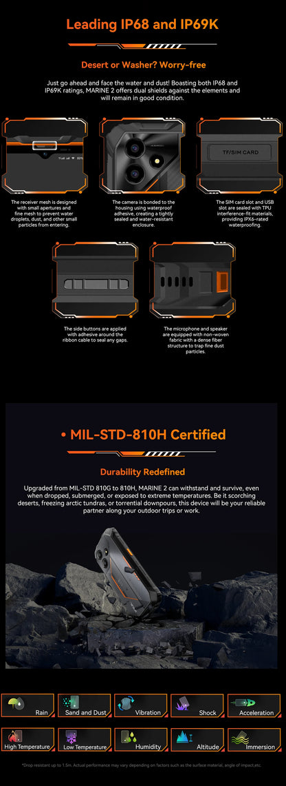 Teléfono resistente Blackview OSCAL Marine 2, 8 GB de RAM, 256 GB de almacenamiento, smartphone con IA, batería de 11000 mAh, pantalla HD+ de 6,56", procesador Unisoc T61, Android 15 y NFC.