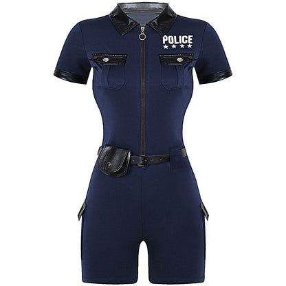 Women Cop Police Uniform Policewoman Cosplay Costume Zipper Short Sleeve Jumpsuit with Belt Purse Hat Halloween Party Clubwear