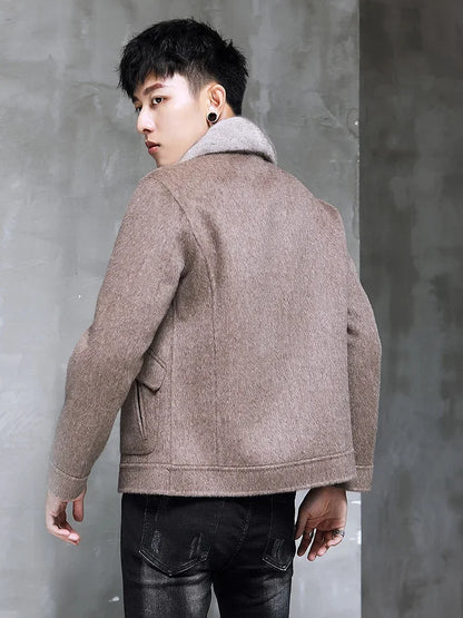 AYUNSUE Spring Autumn Wool Coat Men Double-sided Alpaca Jacket Mink Fur Collar Mens Coats and Jackets Overcoat 1970B KJ3859