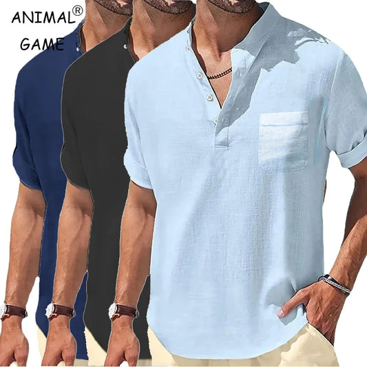 Nuevas camisetas de manga corta para hombre, transpirables, de color liso, básicas con bolsillo, estilo urbano, de lino, con medio botón y corte oversize.