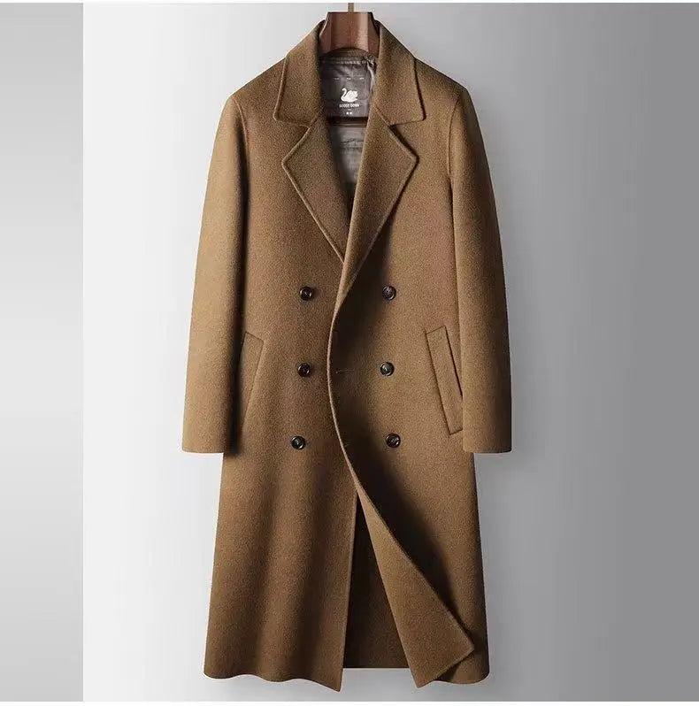 2025 Autumn/Winter New Men's 100% Wool Coat Knee length Double breasted Goose Down Inner Tank Thickened for Warmth