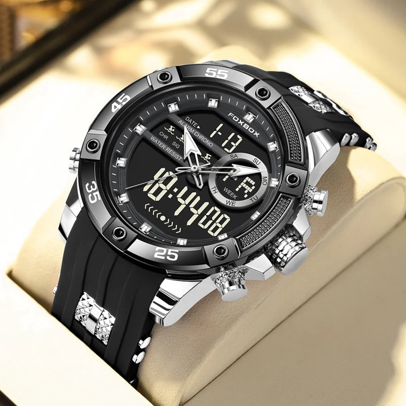 Reloj de pulsera de cuarzo de lujo FOXBOX para hombre, deportivo, impermeable, con doble pantalla, LED digital militar, de acero, para negocios + caja.