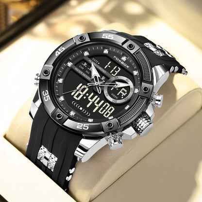 Reloj de pulsera de cuarzo de lujo FOXBOX para hombre, deportivo, impermeable, con doble pantalla, LED digital militar, de acero, para negocios + caja.