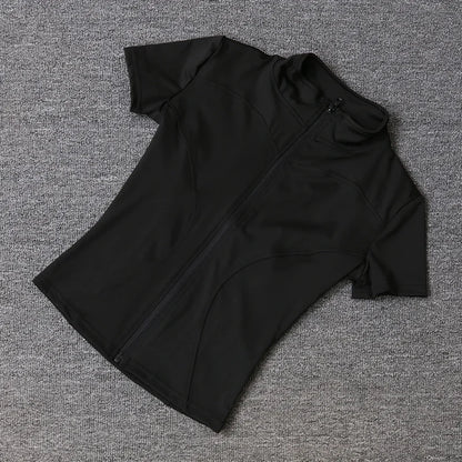 Camisetas de entrenamiento adelgazantes de cintura de verano de alta calidad para mujer, de secado rápido, con cuello alto ajustado y cremallera completa, camisetas de yoga de manga corta.