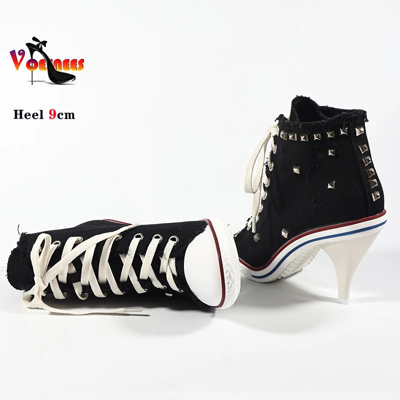 Botas cortas de mezclilla para mujer, botines con tachuelas y tacones altos, botas de mujer con remaches, tacones altos finos con cordones, zapatos de mezclilla
