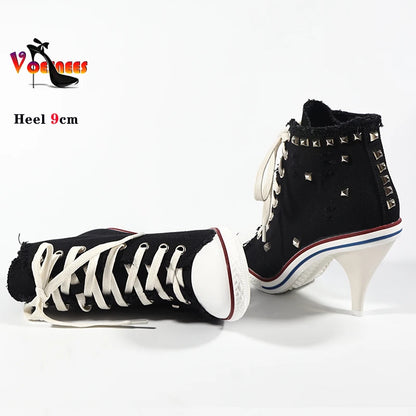 Botas cortas de mezclilla para mujer, botines con tachuelas y tacones altos, botas de mujer con remaches, tacones altos finos con cordones, zapatos de mezclilla