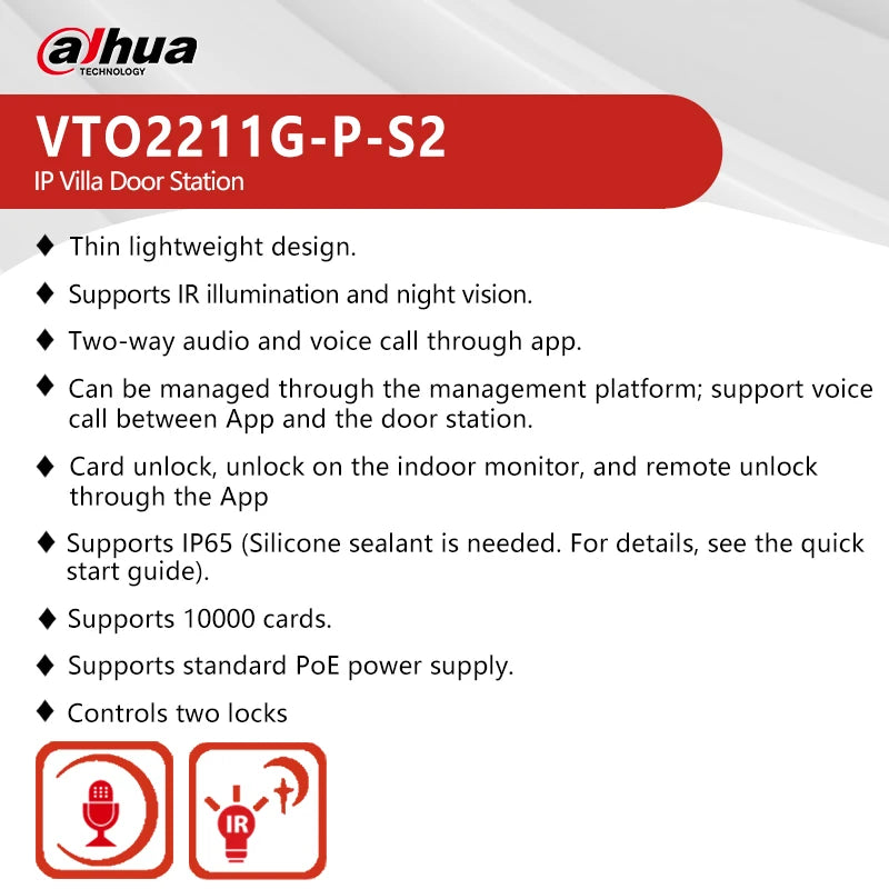 Videoportero Dahua VTO2211G-P-S2 de 2 MP con entrada IP, PoE, comunicación bidireccional, visión nocturna por infrarrojos y desbloqueo por tarjeta/aplicación.