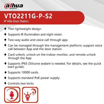 Videoportero Dahua VTO2211G-P-S2 de 2 MP con entrada IP, PoE, comunicación bidireccional, visión nocturna por infrarrojos y desbloqueo por tarjeta/aplicación.