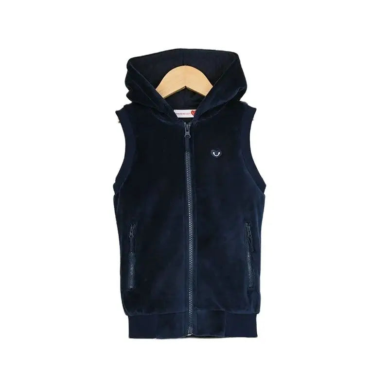 Ropa infantil, chaleco escolar para niño/niña, forro de terciopelo azul marino, chaleco exterior con capucha, cremalleras delanteras y corazón bordado, tops para niños
