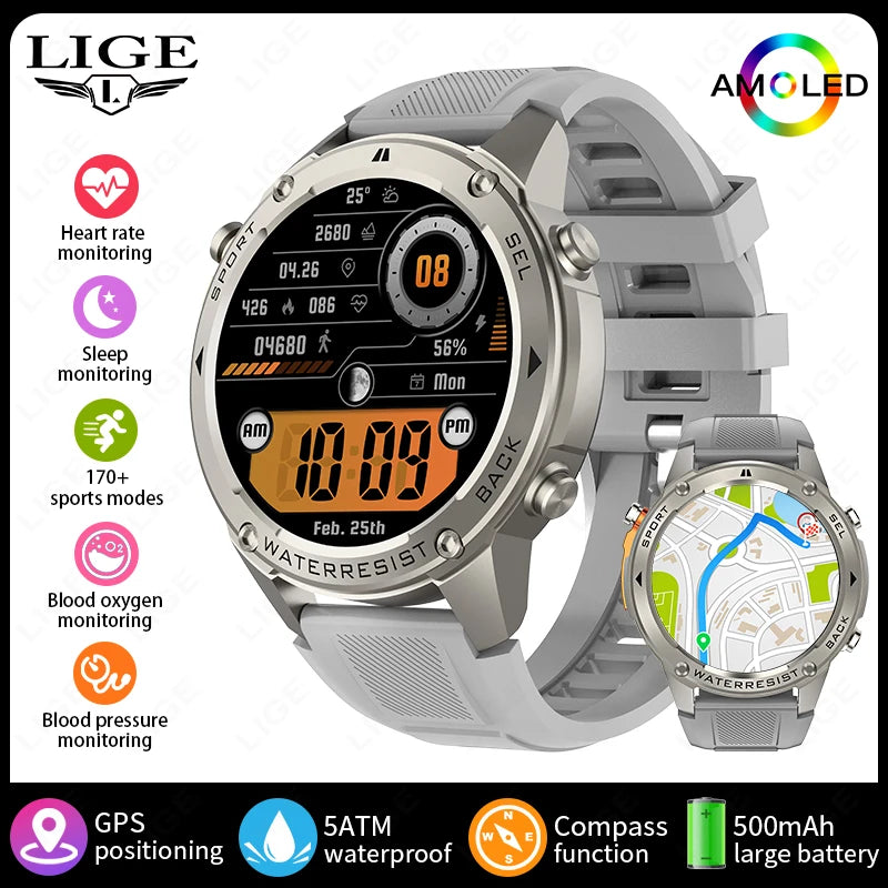 Nuevo reloj inteligente para exteriores para hombre, batería de larga duración de 500 mAh, pantalla AMOLED, resistente al agua hasta 5 ATM, monitor de ritmo cardíaco, GPS, reloj inteligente militar.