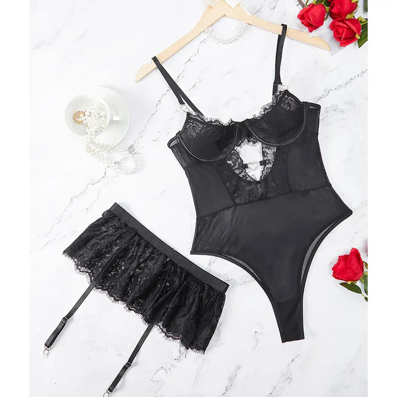 Conjunto de sujetador exótico con perspectiva de encaje sexy para mujer, conjunto transparente sexy con liguero, conjunto de lencería bondage
