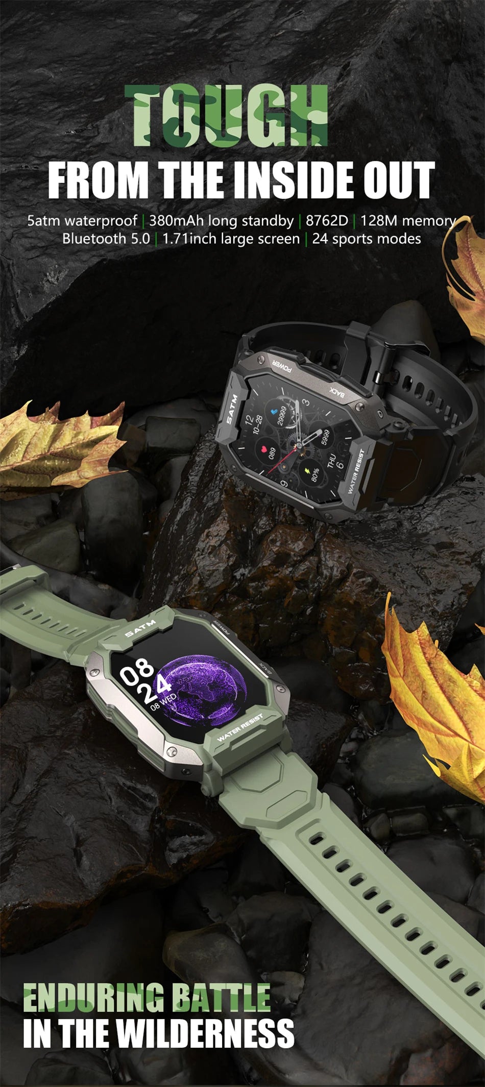 Reloj inteligente militar para hombre, color negro carbono, ultradelgado, resistente al agua hasta 5 ATM, deportivo, con monitor de frecuencia cardíaca y oxígeno en sangre (2024).