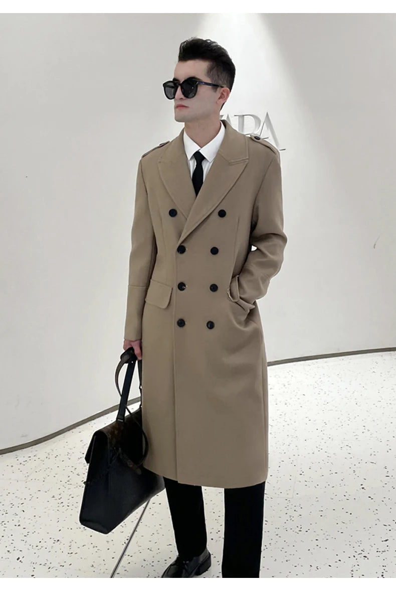 Worsted pure wool coat for men super long, knee length double breasted thickened and warm classic business wool coat for men