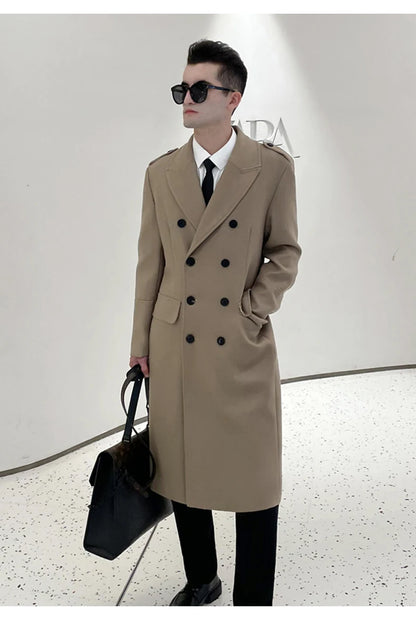 Worsted pure wool coat for men super long, knee length double breasted thickened and warm classic business wool coat for men