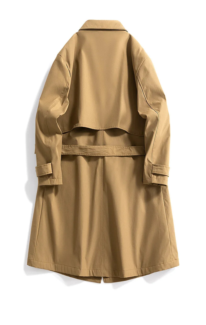 Gabardina larga de hombre, verde militar, corte ajustado, cruzada, con solapa de muesca, cortavientos, ideal para primavera y otoño, estilo casual para actividades al aire libre.