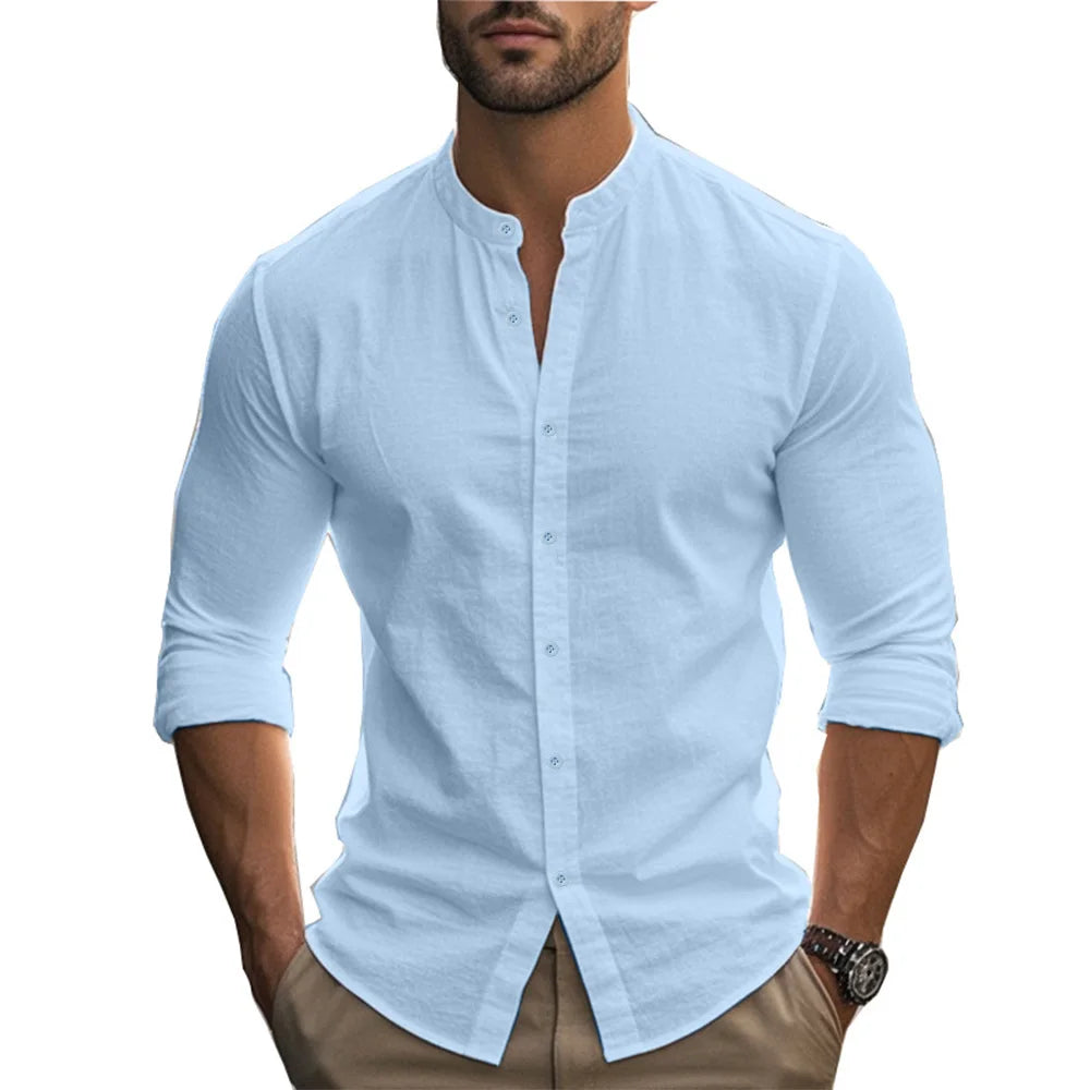 Camisas Henry para hombre, de algodón y lino, corte ajustado, informales, hawaianas, de color liso, estilo básico, para primavera y verano, transpirables.