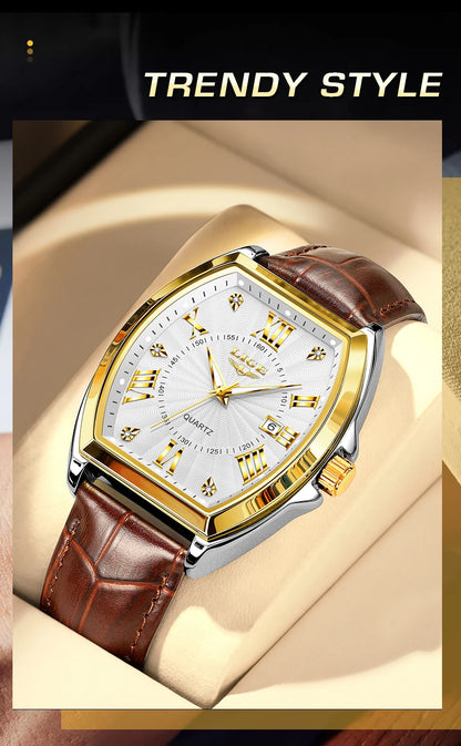 LIGE - Nuevos relojes militares para hombre, marca original de lujo, de cuero, de cuarzo, cronógrafo cuadrado resistente al agua