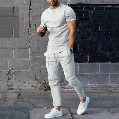 Conjunto deportivo para hombre, otoño 2023, verano, liso, informal, cuello redondo, manga corta, camiseta deportiva, conjunto de dos piezas para hombre