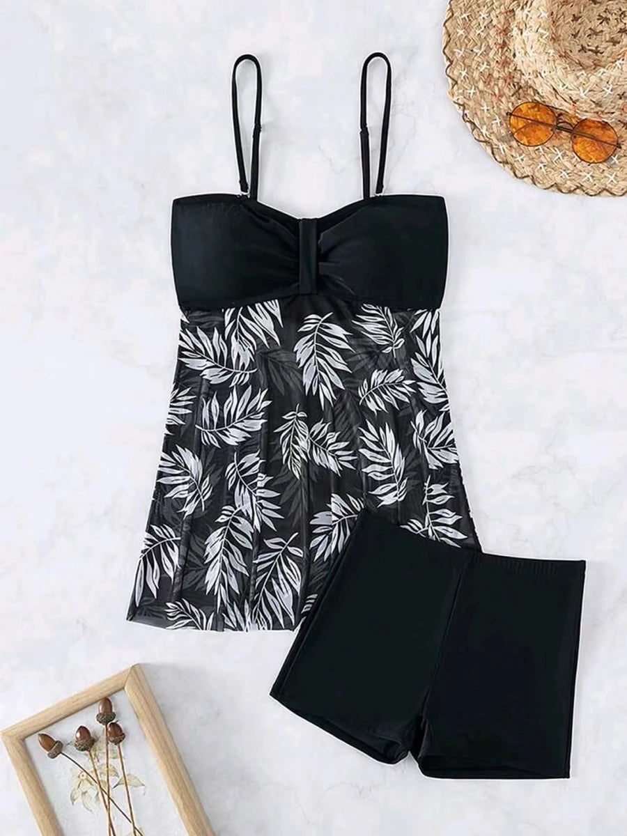2025 Vestido corto tankini con pantalones cortos traje de baño para mujer traje de baño femenino acolchado estampado traje de baño natación ropa de playa verano