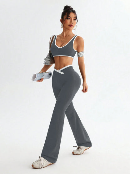 Conjunto deportivo con tirantes anchos y bloqueo de color, conjunto deportivo de una pieza para yoga y fitness con control de abdomen para mujer a prueba de golpes