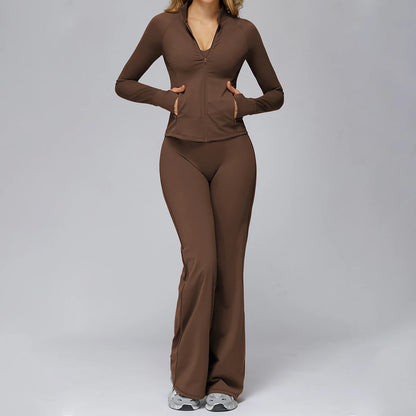 Conjunto deportivo Hearuisavy para mujer, chaqueta deportiva de manga larga con cremallera y bolsillos, ropa exterior ajustada de secado rápido para correr, pantalones de yoga de cintura alta