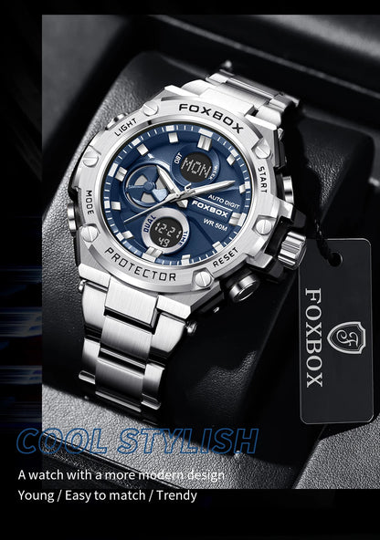 FOXBOX Relojes deportivos de lujo para hombre, reloj de pulsera de cuarzo de lujo, acero, resistente al agua, doble pantalla, relojes militares para hombre, reloj hommes