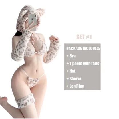 Anime Cute Girl Cosplay Cat Costume Polka Dots Tiger Three-point Plush Suspenders Women Sexy Lingerie Pajamas Cosplay Set