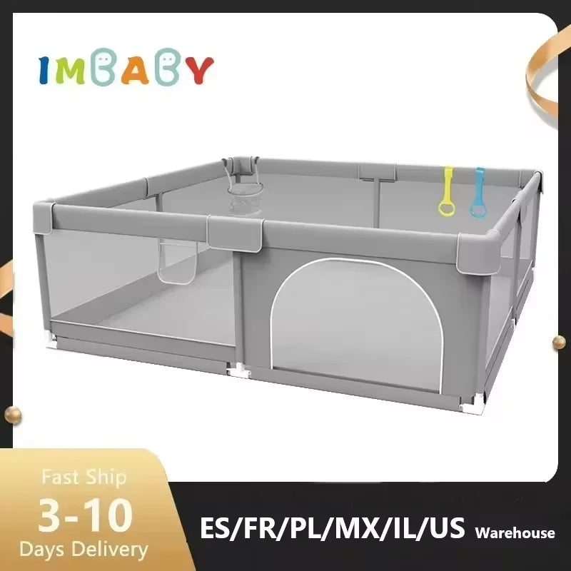 Corralito para bebés IMBABY gris claro con anilla de tiro, barrera de seguridad para niños, cerca y caja de pelota para juegos.