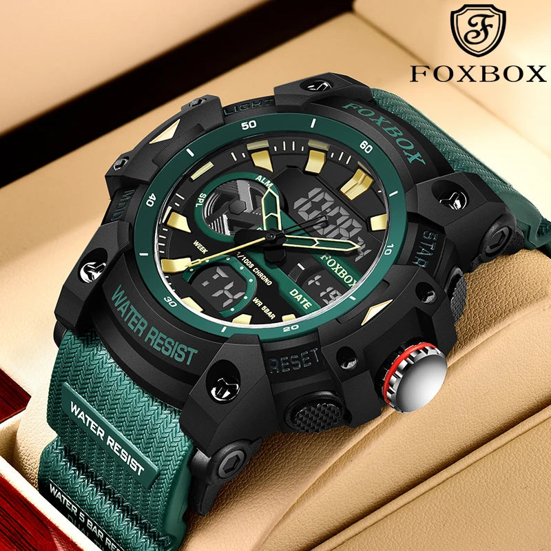 FOXBOX TOP Relojes para hombre, reloj de pulsera de cuarzo, resistente al agua, con pantalla de doble horario, reloj militar para hombre, reloj para hombre + CAJA