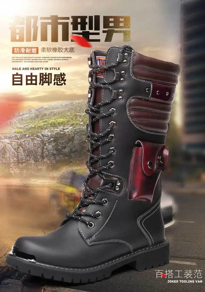 Botas altas de cuero para hombre, estilo motero, de invierno, estilo gótico punk, para hombre, estilo militar informal, para uso exterior.