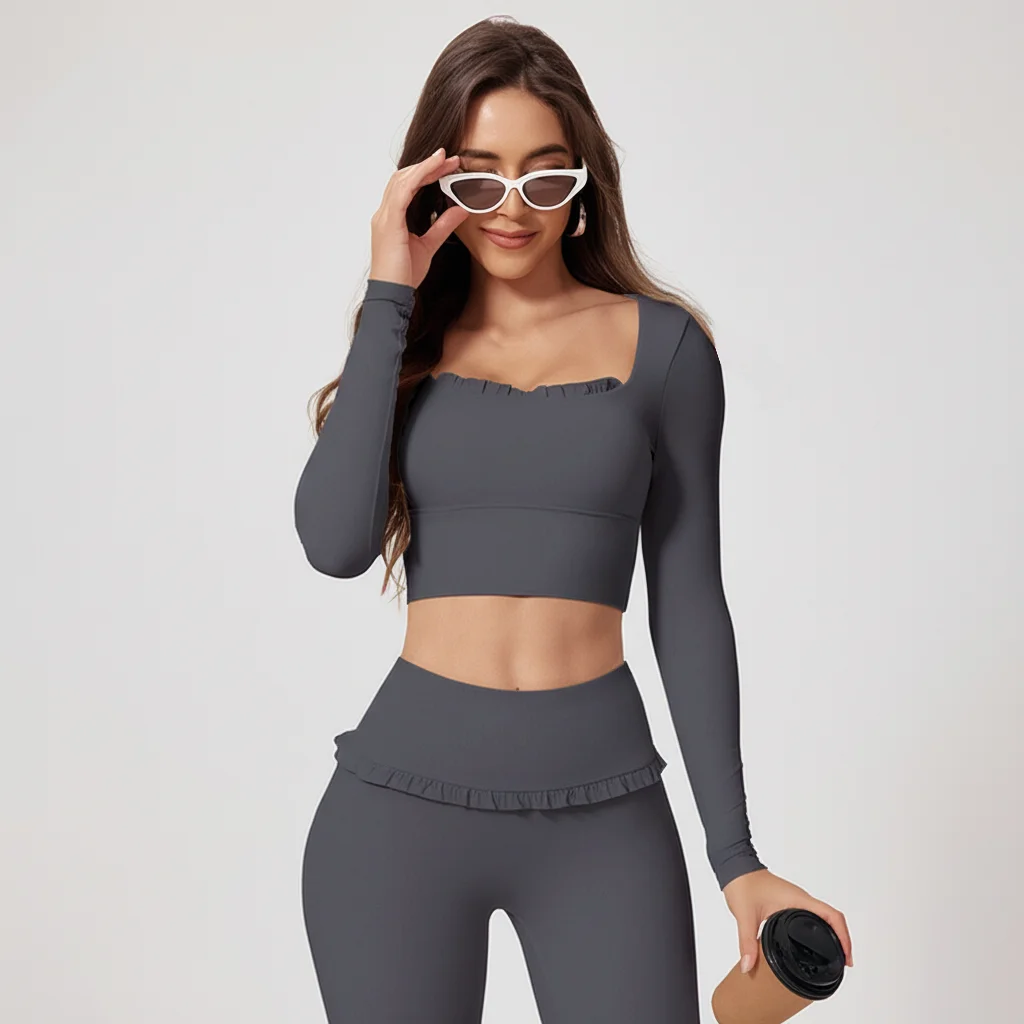 Conjunto de Yoga de 2 Piezas con Volantes para Mujer, Cintura Alta, Control de Abdomen, Pantalones Acampanados, Top de Manga Larga, Ropa Deportiva para Gimnasio, Correr, Clásico, Gris Oscuro