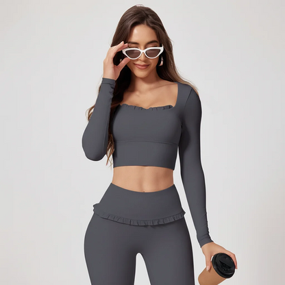 Conjunto de Yoga de 2 Piezas con Volantes para Mujer, Cintura Alta, Control de Abdomen, Pantalones Acampanados, Top de Manga Larga, Ropa Deportiva para Gimnasio, Correr, Clásico, Gris Oscuro