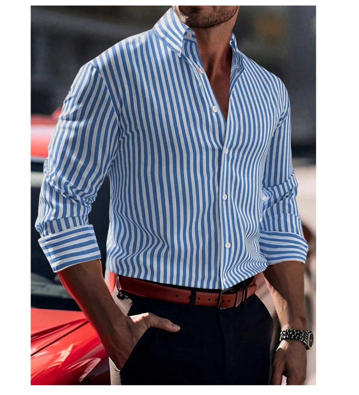 Camisa de hombre de la serie Tiki, color liso, manga larga, estilo informal elegante, ideal para primavera/verano, con botones en la solapa y confeccionada en tela cómoda.