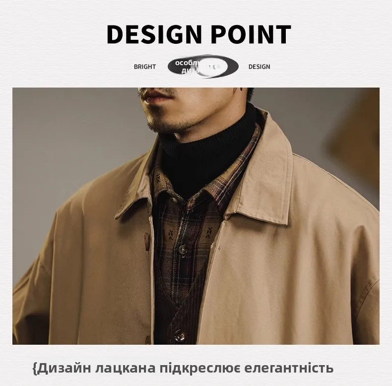 Retro American Sle Men's Long Coat Cotton Casual Faion Urban Youth Pure Color Button up Loose Fit Autumn Winter Coat