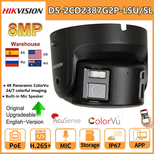 Cámara IP Hikvision de 8 MP panorámica ColorVu tipo torreta DS-2CD2387G2P-LSU/SL, seguridad 4K, doble lente, visión nocturna a color, micrófono y altavoz integrados.