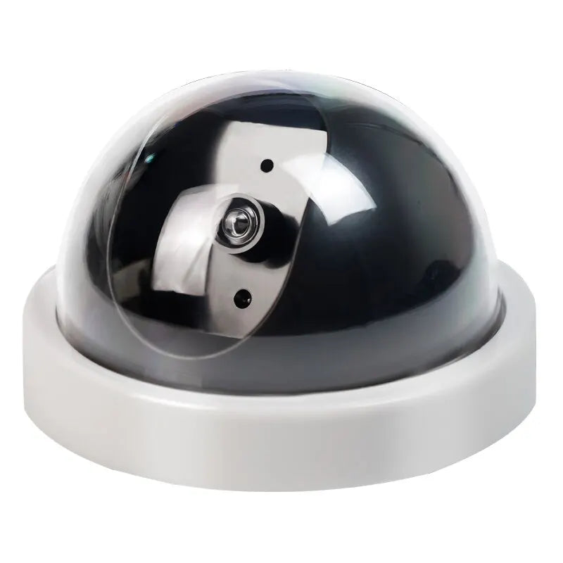 Cámara de seguridad domo falsa con luz LED roja, funciona con pilas y no requiere cableado. Ideal para interiores y exteriores.