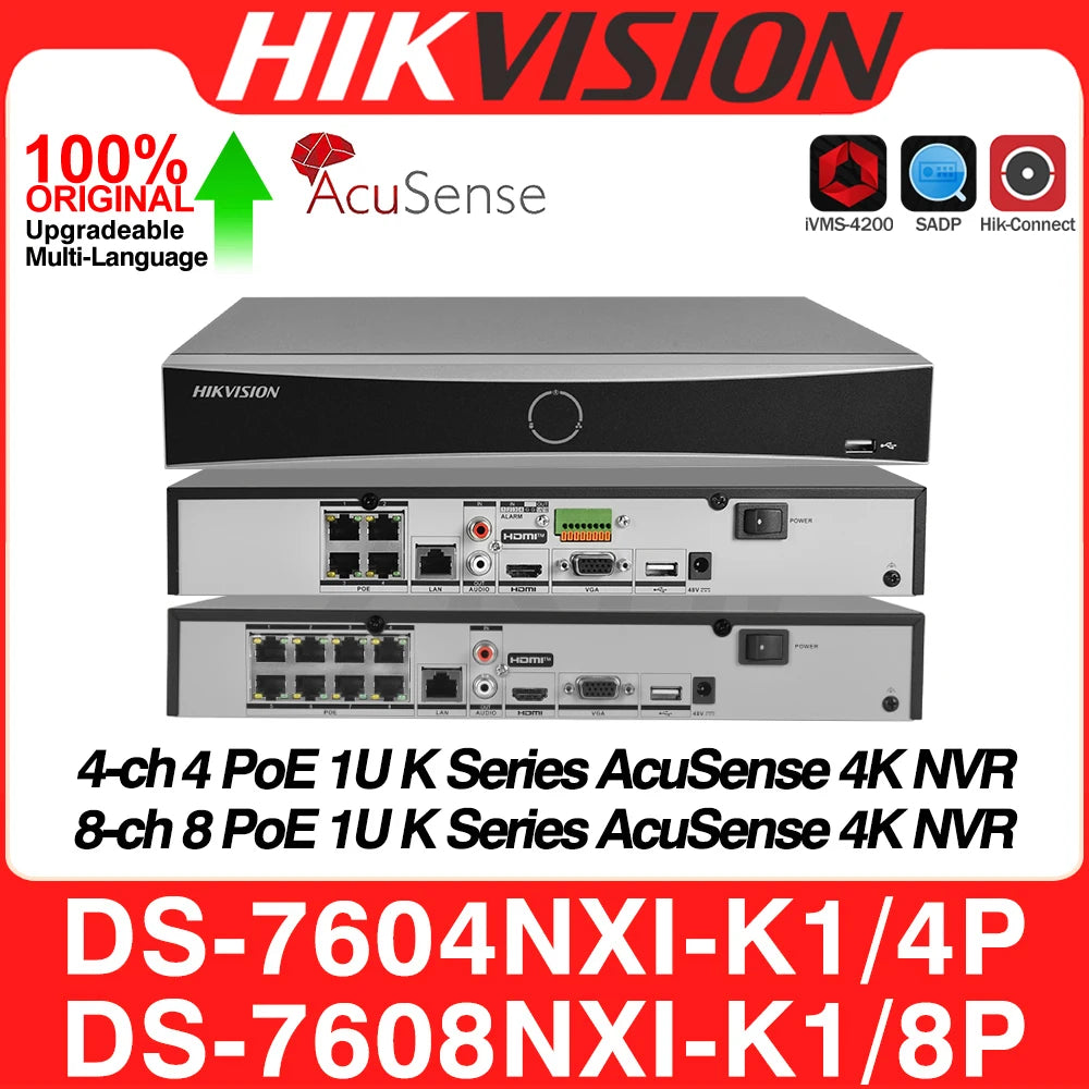 Grabador de vídeo en red Hikvision DS-7604NXI-K1/4P DS-7608NXI-K1/8P 4K 4/8 canales 4/8 PoE Acusense 1 SATA NVR 8MP H.265+ Vigilancia