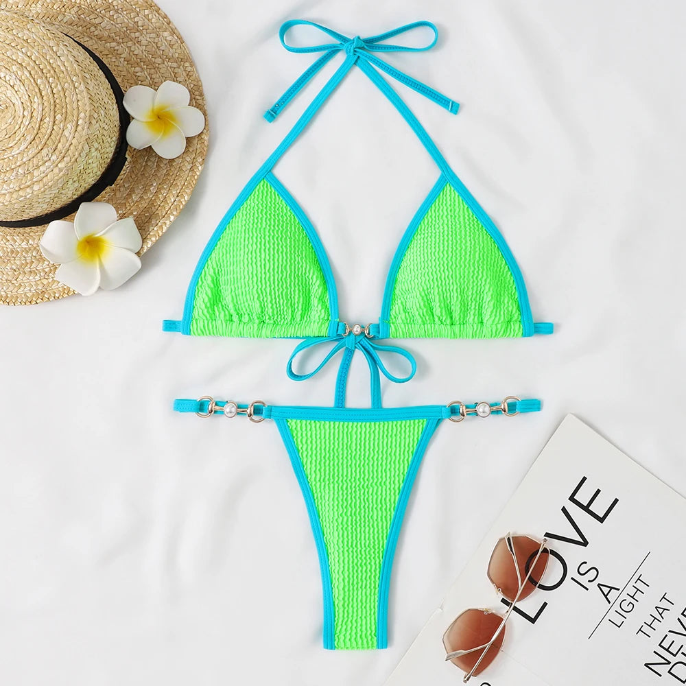 Traje de baño para mujer 2025, traje de baño de dos piezas con cuello halter, conjunto de bikini para mujer, ropa de playa de verano, traje de baño con cordón ajustable, tanga, copa triangular