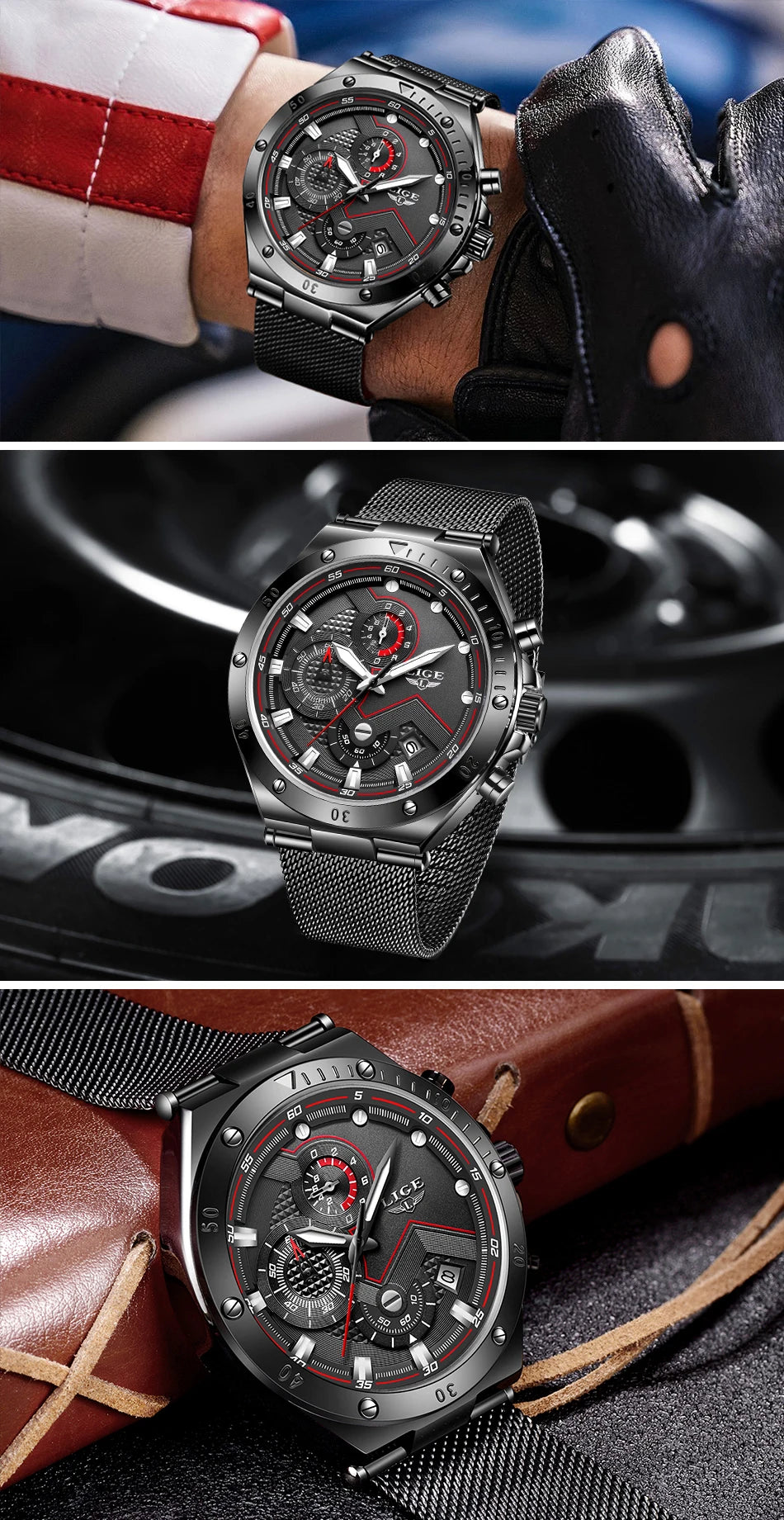 LIGE - Reloj de cuarzo de lujo para hombre, marca superior, moderno, de negocios, con correa de malla, resistente al agua, luminoso, cronógrafo