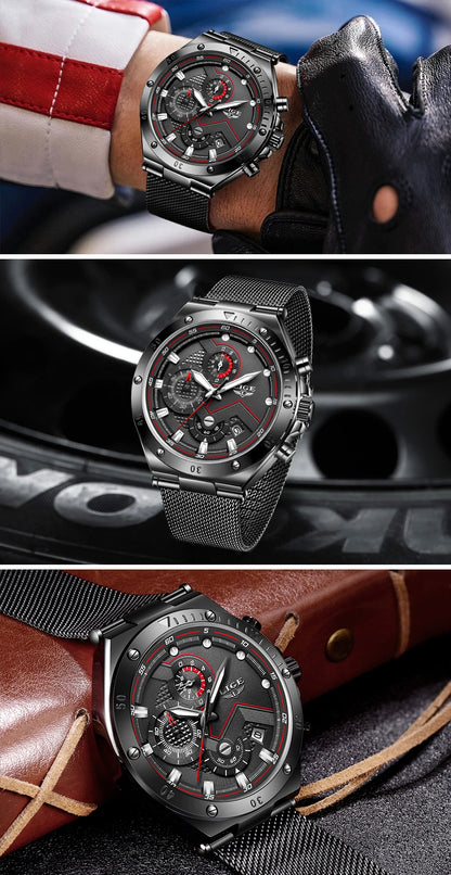 LIGE - Reloj de cuarzo de lujo para hombre, marca superior, moderno, de negocios, con correa de malla, resistente al agua, luminoso, cronógrafo